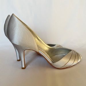 Nina 3” metallic silver satin peep-toe heels